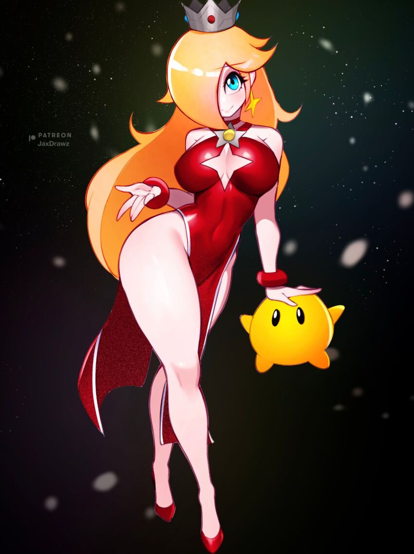 alternate_costume blonde_hair blue_eyes breasts dress highres jaxdrawz large_breasts luma_(mario) mario_(series) nintendo one_eye_covered red_dress rosalina super_mario_galaxy