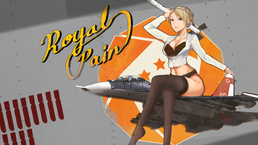 1girl ace_combat ace_combat_7:_skies_unknown air_supreriority_fighter black_bra black_panties black_thighhighs blonde_hair blue_eyes bra braid breasts cleavage commentary_request crossed_legs crown_braid english_text feet_out_of_frame fighter_aircraft highres holding holding_weapon interdictor jacket kowaremashita legs long_sleeves multirole_combat_aircraft namco no_pants nose_art panties rosa_cossette_d&#039;elise sitting star_(symbol) su-30 thighhighs thighs underwear weapon white_jacket