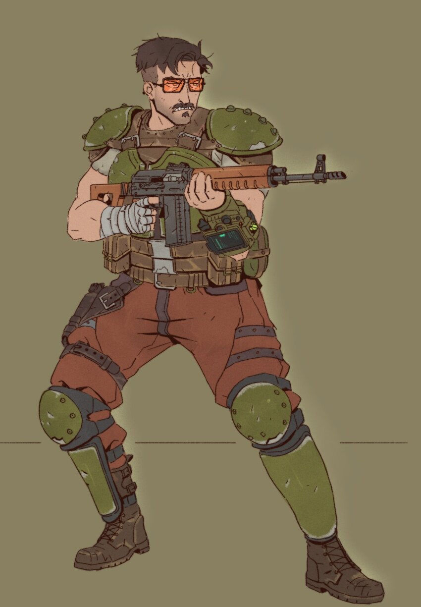 1boy armor assault_rifle belt black_hair boots bulletproof_vest facial_hair fallout fallout_1 frown gun hand_wraps handgun hat_legs highres kalashnikov_rifle looking_to_the_side mustache pip_boy rifle shaved_head shoulder_armor sunglasses weapon wrist_computer