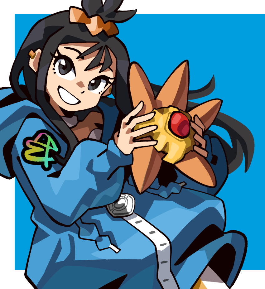 1girl black_hair blue_background blue_hoodie cube_hair_ornament earclip gen_1_pokemon grey_eyes grin hair_ornament highres holding holding_pokemon hood hood_down hoodie lida_(pokemon) long_hair long_sleeves looking_at_viewer nintendo notus_49 outside_border pokemon pokemon_(creature) pokemon_legends:_z-a simple_background smile standing staryu topknot upper_body wispy_bangs