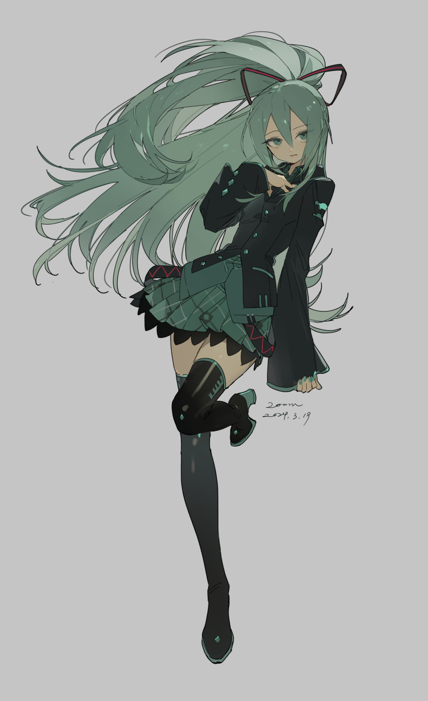 1girl absurdres arm_at_side artist_name black_boots black_jacket black_ribbon boots colored_eyelashes dated full_body green_eyes green_nails green_skirt grey_background hair_between_eyes hair_ribbon hand_on_own_chest hatsune_miku hatsune_miku_(if) high_heel_boots high_heels highres jacket leg_up long_hair long_sleeves looking_at_viewer plaid_clothes plaid_skirt pleated_skirt ponytail ribbon signature simple_background skirt sleeves_past_wrists solo striped_ribbon thigh_boots very_long_hair vocaloid zhibuji_loom