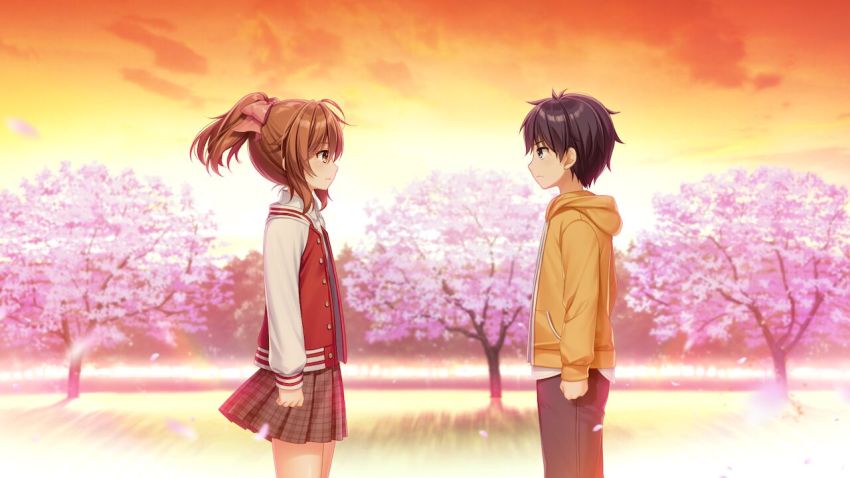 1boy 1girl aged_down alpha_(yukai_na_nakamatachi) ayase_aisa black_hair bow brown_eyes brown_hair cherry_blossoms child closed_mouth eye_contact floating_hair game_cg grey_pants grey_skirt hair_between_eyes hair_bow hood hood_down hooded_jacket jacket kagami_toshiki long_hair long_sleeves looking_at_another miniskirt open_clothes open_jacket orange_sky outdoors pants pink_bow plaid_clothes plaid_skirt pleated_skirt ponytail profile short_hair skirt sky sousaku_kanojo_no_renai_koushiki spring_(season) white_sleeves yellow_jacket