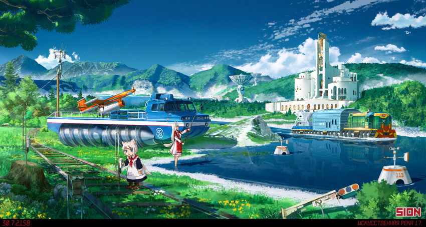2girls amphibious_ground_vehicle animal_ears apron artist_name blue_eyes boots building buoy child cloud cloudy_sky commentary dress field fishing fishing_rod flower flower_field highres holding holding_fishing_rod jet_engine leather leather_boots mountainous_horizon multiple_girls neckerchief original overgrown railroad_tracks red_apron red_neckerchief reflection reflective_water satellite_dish scenery science_fiction screw-propelled_vehicle sion005 sion005 sky soviet tail tree tree_stump unconventional_vehicle wading white_dress white_hair