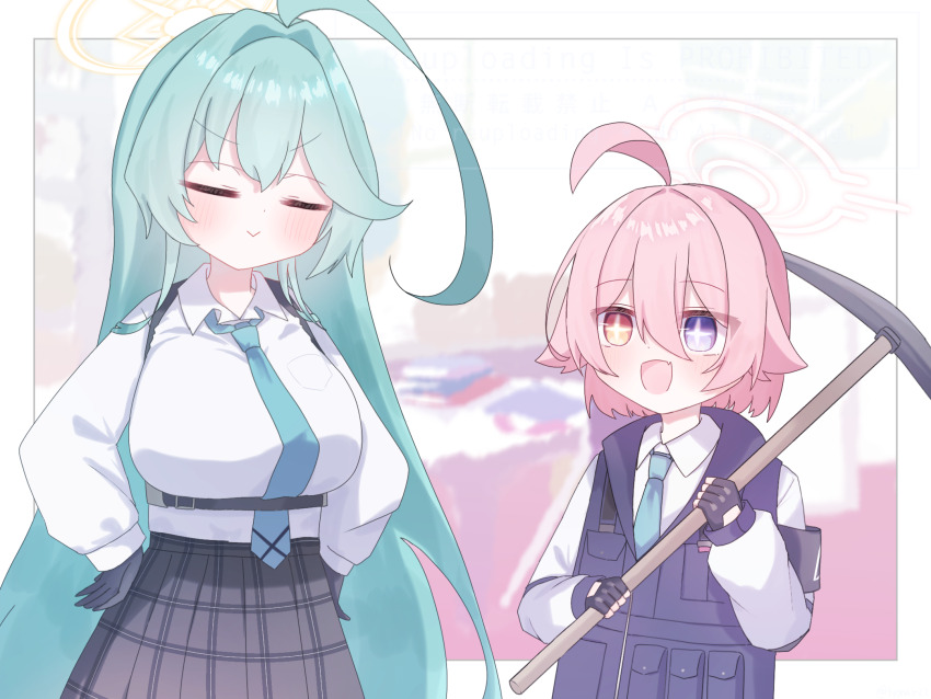 +_+ 2girls :&gt; :d =_= aged_down ahoge aqua_hair black_gloves blue_archive blue_eyes blurry blurry_background blush border breasts bulletproof_vest closed_mouth commentary_request doyagao excited fang fingerless_gloves gloves hair_between_eyes hair_intakes hands_on_own_hips hetero heterochromia highres holding holding_pickaxe hoshino_(blue_archive) hoshino_(first_year)_(blue_archive) huge_ahoge large_breasts long_hair long_sleeves looking_at_another multiple_girls official_alternate_costume official_alternate_hair_length official_alternate_hairstyle open_mouth outside_border pickaxe pink_hair puffy_long_sleeves puffy_sleeves school_uniform shirt short_hair skin_fang smile smug tyonar22 upper_body v-shaped_eyebrows very_long_hair white_border white_shirt yellow_eyes yume_(blue_archive)