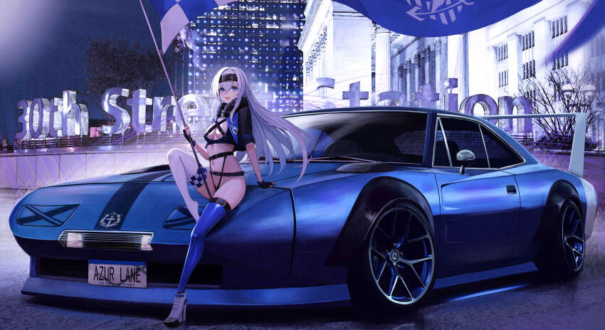 1girl 30th_street_station absurdres alternate_costume artistic_error asymmetrical_legwear azur_lane belt bon_homme_richard_(azur_lane) car checkered_clothes checkered_legwear commission dodge_charger dodge_charger_(2nd_generation) eagle_union_(emblem) fingerless_gloves flag flagpole fur-trimmed_jacket fur_trim gloves hair_belt highres holding holding_flag jacket kcar66t leg_up long_hair looking_at_viewer mismatched_legwear motor_vehicle navel night on_car on_vehicle philadelphia pixiv_commission pole race_queen real_world_location revealing_clothes sitting sitting_on_car smile sports_car thigh_belt thigh_strap united_states vehicle_request white_background