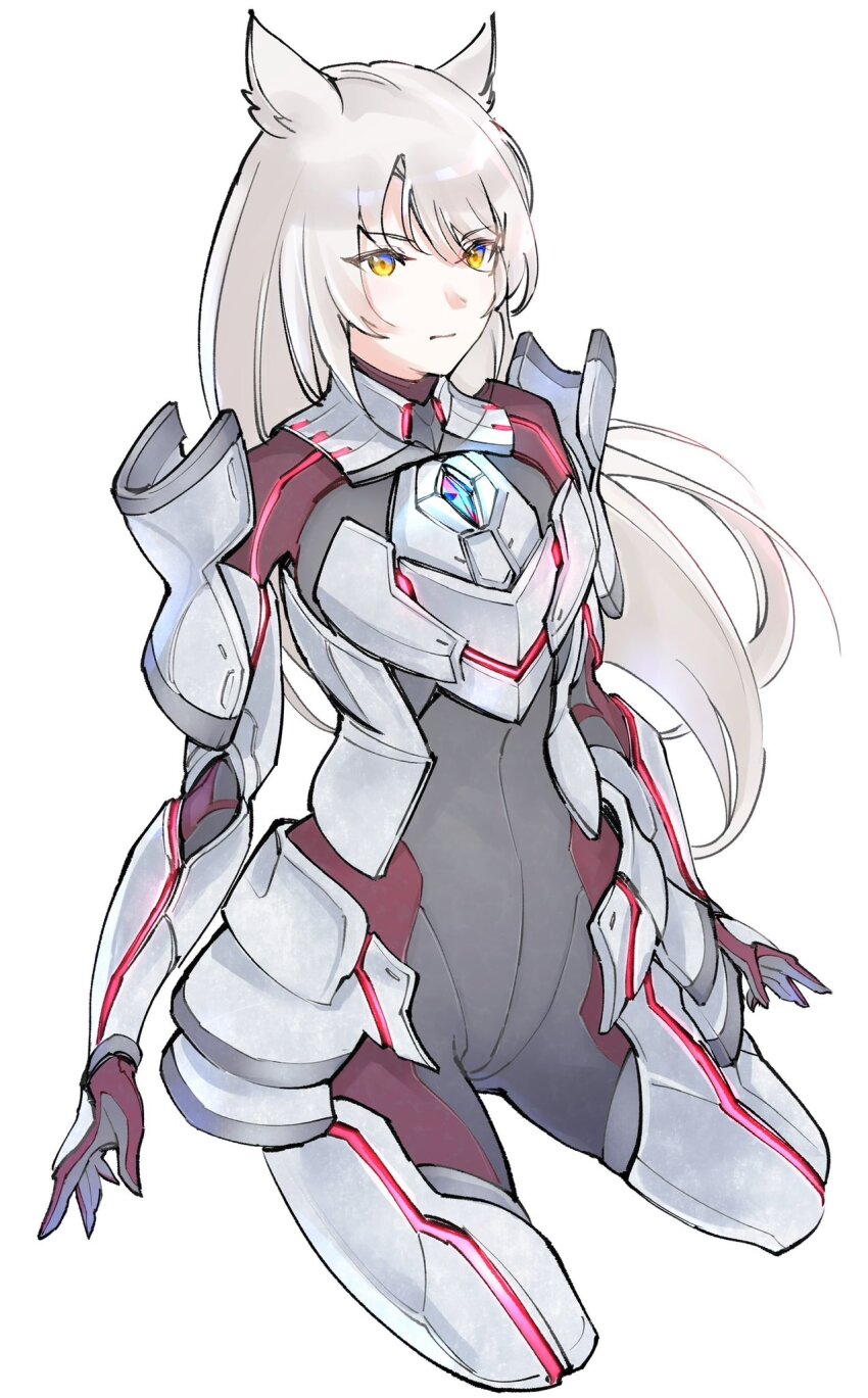 1girl animal_ears armor black_bodysuit bodysuit cat_ears cat_girl closed_mouth commentary_request cropped_legs highres long_hair m_(xenoblade) red_bodysuit simple_background solo two-tone_bodysuit ug333333 white_background white_hair xenoblade_chronicles_(series) xenoblade_chronicles_3 yellow_eyes