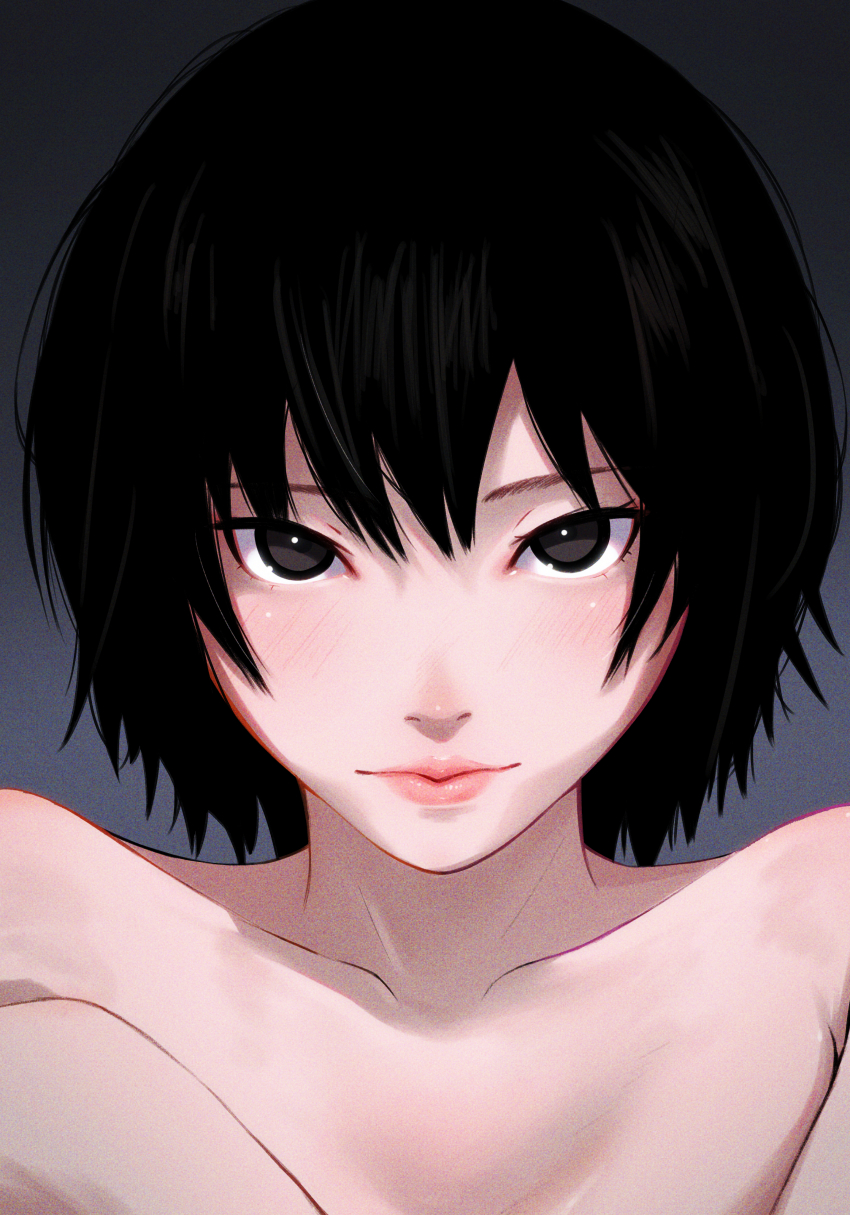 1girl absurdres amagami black_eyes black_hair blush close-up closed_mouth collarbone commentary completely_nude convenient_censoring film_grain grey_background hair_between_eyes highres knees_up light_blush lips looking_at_viewer loose_hair_strand nanasaki_ai nose nude oshizu pink_lips portrait short_hair sitting solo straight-on