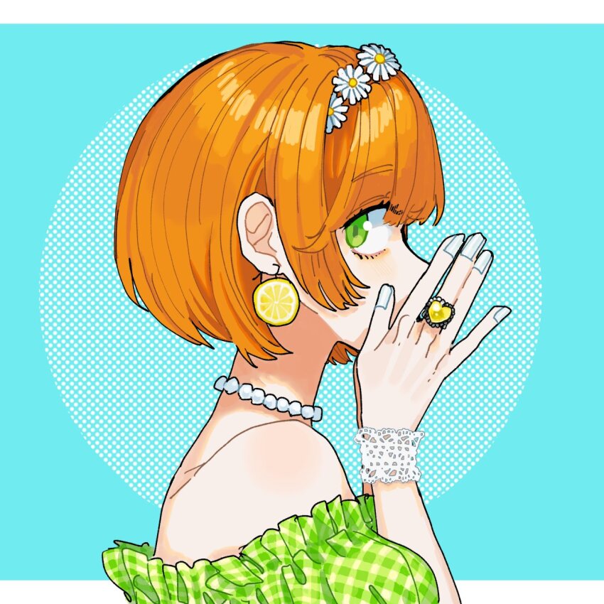 1girl bare_shoulders earrings eyelashes fingernails flower food-themed_earrings food_themed_earrings from_side fruit_earrings gem green_eyes hair_flower hair_ornament hands_up heart_ring highres jewelry lemon_earrings looking_back nail_polish necklace orange_hair original ornate_ring pearl_necklace ring short_hair solo upper_body white_flower white_nails yellow_gemstone yoshioka_suke