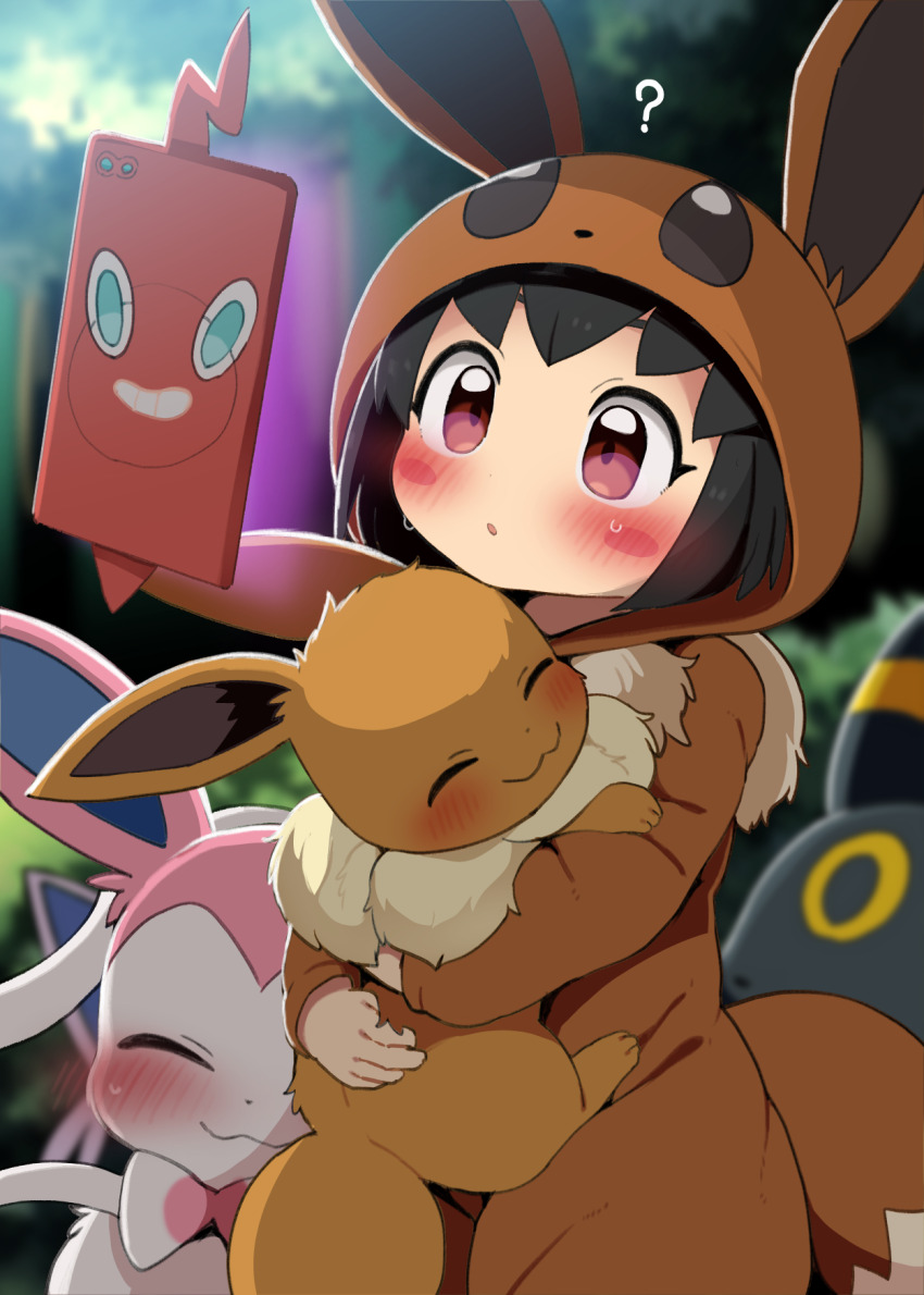 1girl ? black_hair blush cosplay dagasi eevee gen_1_pokemon gen_2_pokemon gen_4_pokemon gen_6_pokemon highres holding nintendo poke_kid_(pokemon) pokemon pokemon_(creature) pokemon_swsh rotom rotom_phone sylveon umbreon