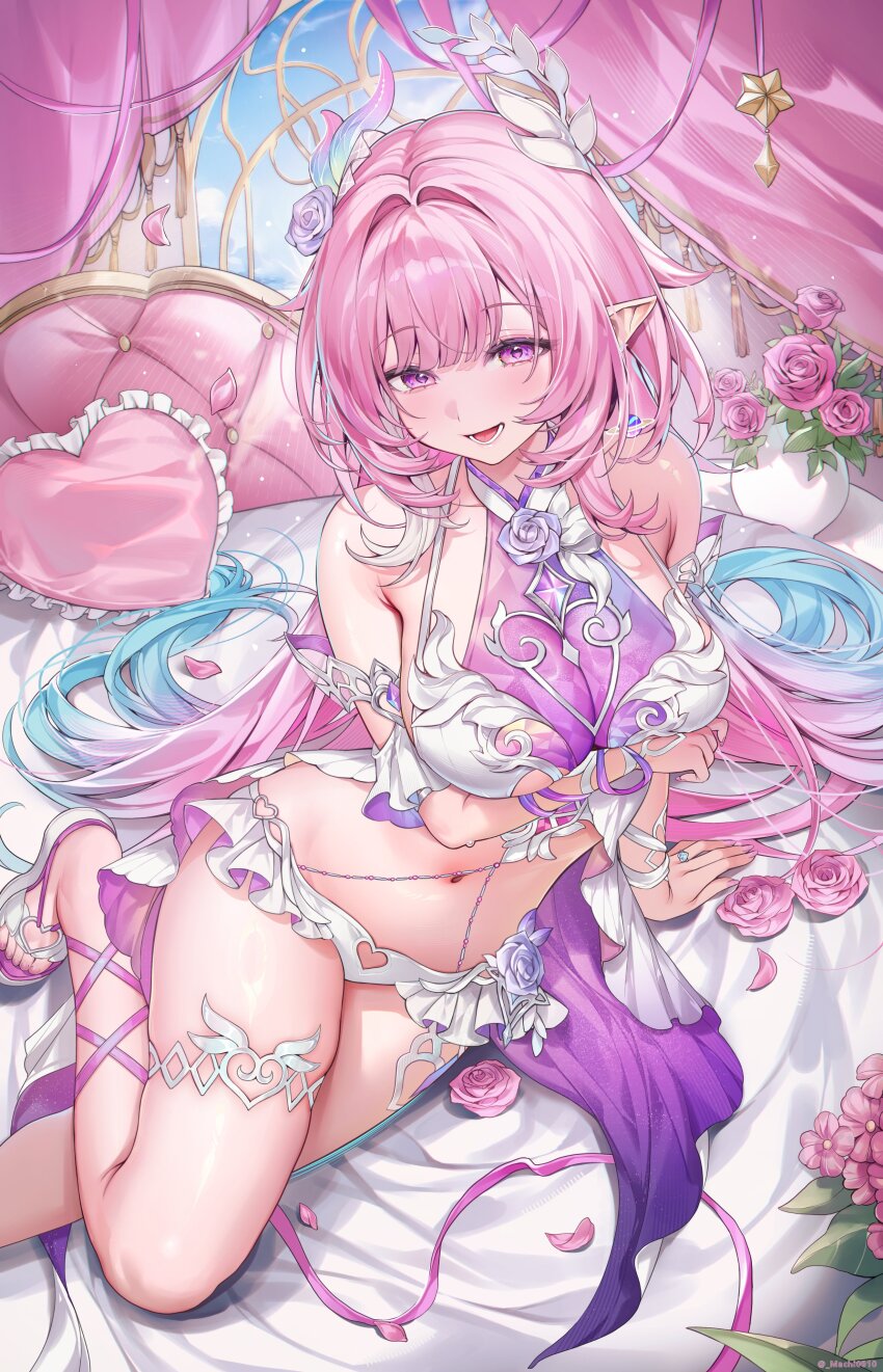 1girl absurdres alternate_costume arm_support arm_under_breasts bare_shoulders bed blue_hair blush breasts commentary_request cyrene_(honkai:_star_rail) cyrene_(ripples_of_past_reverie)_(honkai:_star_rail) fingernails flower foot_out_of_frame gradient_hair hair_flower hair_intakes hair_ornament hair_spread_out heart heart-shaped_pillow highres honkai:_star_rail honkai_(series) indoors jewelry large_breasts light_blush long_hair looking_at_viewer machi_(machi0910) multicolored_hair nail_polish navel on_bed open_mouth paid_reward_available pillow pink_eyes pink_hair pink_nails pointy_ears purple_eyes purple_flower purple_rose rose sandals sidelocks smile solo stomach thighlet thighs toes very_long_hair