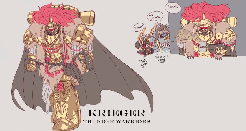 1girl 2boys absurdres adepta_sororitas adeptus_astartes armor assault_visor cape coffee_mug cup dad_mug english_text fur-trimmed_armor fur_trim grey_background helmet highres mug multiple_boys pauldrons plume power_armor salamander_(popo51332877) shoulder_armor space_wolves thunder_warriors war_hammer warhammer_40k weapon
