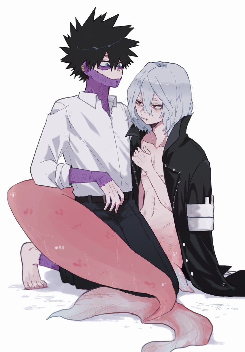 2boys ametaro_(ixxxzu) black_hair black_pants blue_eyes boku_no_hero_academia burn_scar cheek_piercing collared_shirt dabi_(boku_no_hero_academia) face_piercing fins fish_tail grey_hair highres male_focus medium_hair merman monster_boy multiple_boys multiple_scars pants piercing red_eyes scar scar_on_face shigaraki_tomura shirt short_hair simple_background spiked_hair staple stapled tail white_background white_shirt wrinkled_skin yaoi