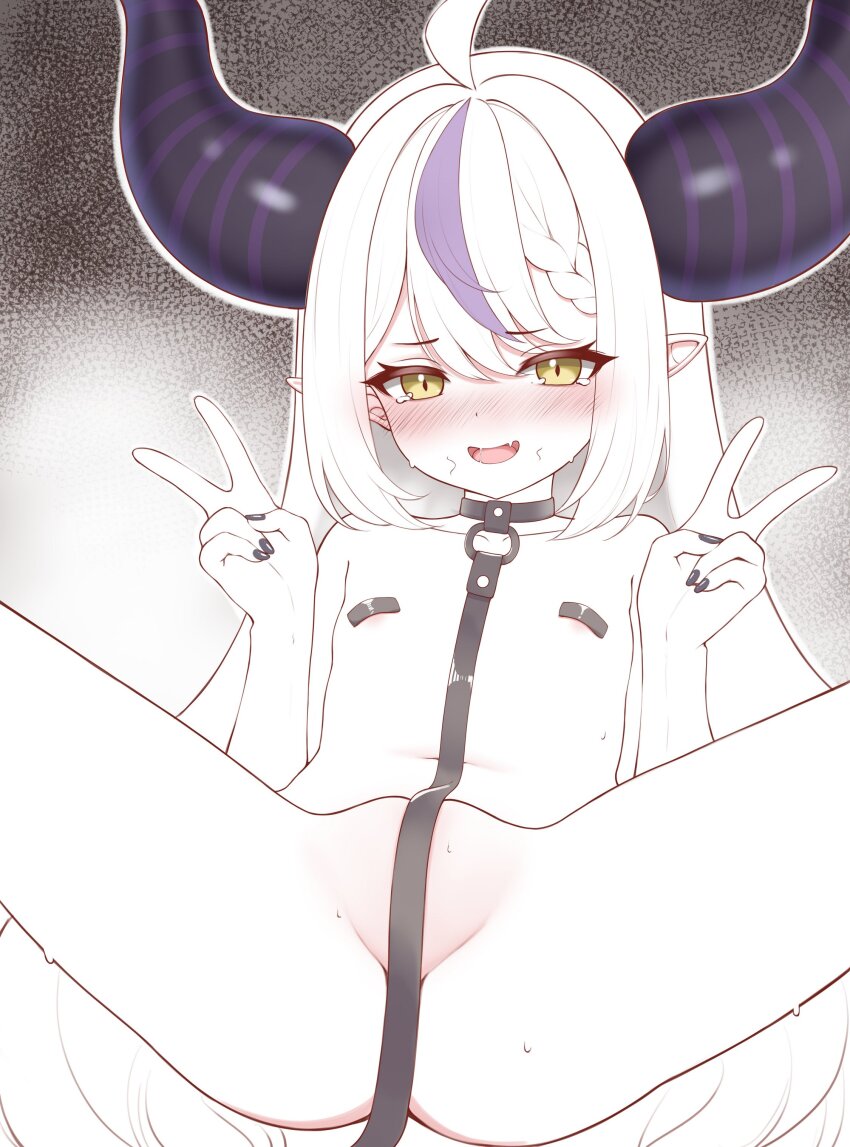 1girl :d absurdres ahoge bdsm black_collar black_horns black_nails blush braid braided_bangs collar convenient_censoring demon_horns double-parted_bangs double_v fang flat_chest grey_hair highres hololive honon horns la+_darknesss leash loli long_hair looking_at_viewer multicolored_hair nail_polish navel nude open_mouth pasties pointy_ears purple_hair single_hair_streak skin_fang slave slit_pupils smile solo spread_legs streaked_hair striped_horns tail tearing_up v very_long_hair virtual_youtuber yellow_eyes