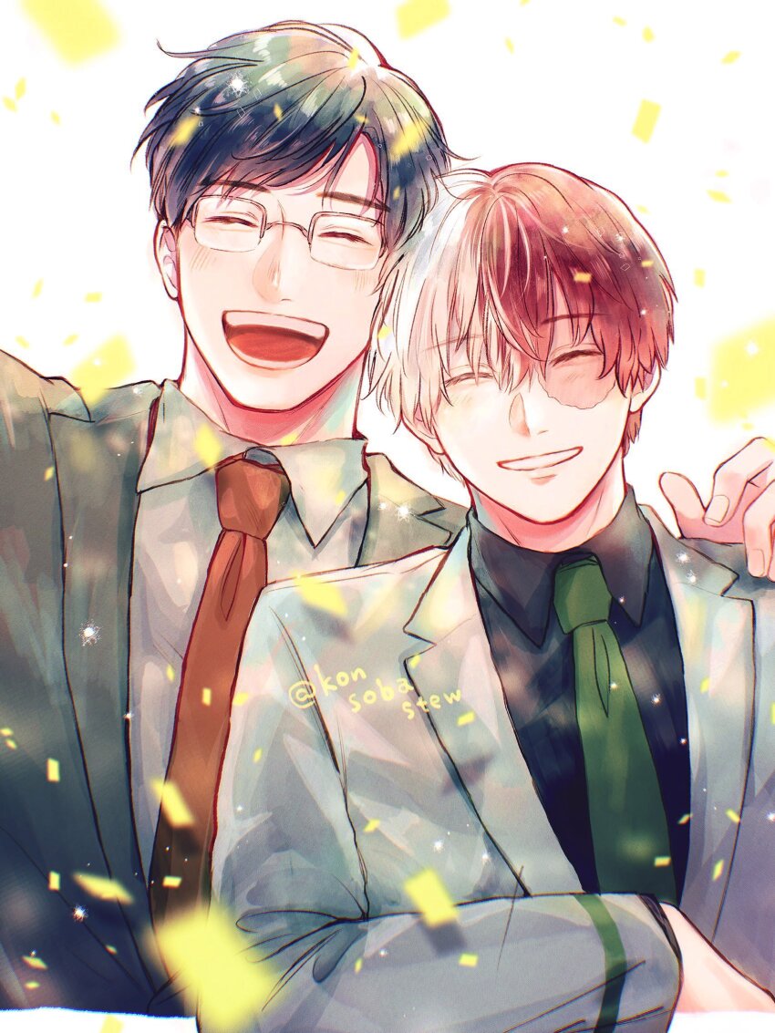 2boys arm_up black_hair black_shirt boku_no_hero_academia closed_eyes collared_shirt couple facing_viewer fingernails glasses green_necktie grey_jacket highres iida_tenya jacket konsobastew long_sleeves male_focus multicolored_hair multiple_boys necktie open_mouth rectangular_eyewear red_hair red_necktie scar scar_on_face shirt short_hair split-color_hair teeth todoroki_shoto white_hair yaoi