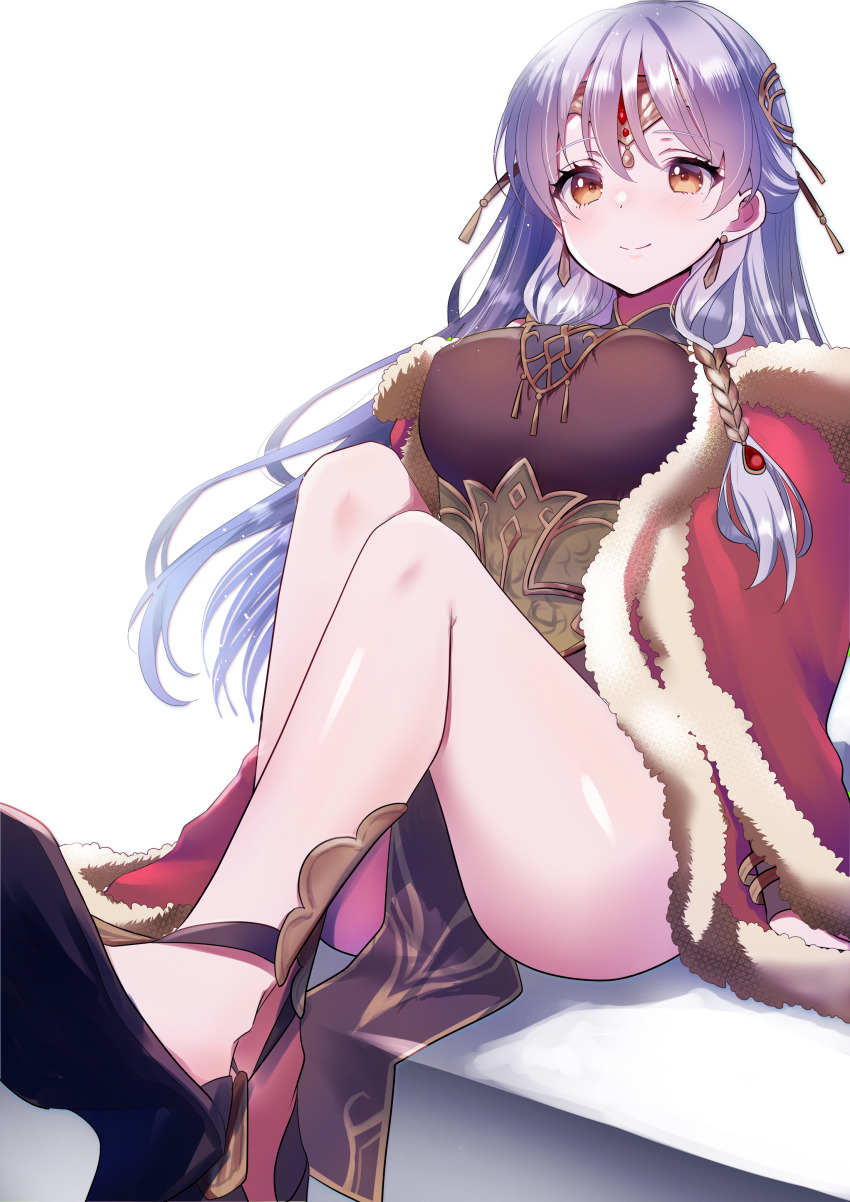 1girl absurdres azusa_(azchemist63) bare_legs black_dress breasts cape circlet closed_mouth dress earrings fire_emblem fire_emblem:_radiant_dawn fire_emblem_heroes foreshortening fur_trim grey_hair hair_ornament highres jewelry large_breasts light_smile long_hair looking_at_viewer micaiah_(fire_emblem) micaiah_(radiant_queen)_(fire_emblem) nintendo official_alternate_costume red_cape shoes simple_background sitting solo thighs variant_set white_background yellow_eyes