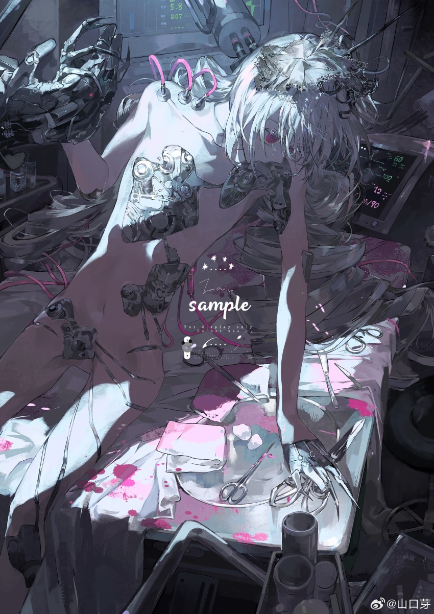 1girl absurdres android arm_support blood cable highres holding indoors joints long_hair mechanical_arms mechanical_hands navel needle nude operating_table original pink_blood red_eyes robot_joints sample_watermark scissors screwdriver shankouya sitting solid_circle_eyes solo table tears very_long_hair watermark weibo_username weibo_watermark white_hair