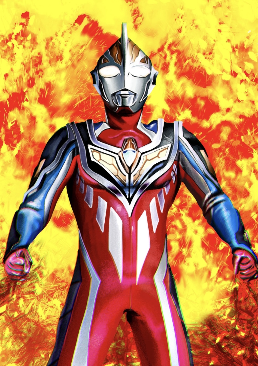 1boy 4ze_meteor alien armor arms_at_sides black_skin blue_skin breastplate clenched_hands color_timer colored_skin compound_eyes cowboy_shot dorsal_fin fiery_background fire glowing glowing_eyes highres legs_apart looking_up male_focus multicolored_skin muscular muscular_male pectorals red_skin shoulder_armor silver_skin silver_trim solo standing tokusatsu ultra_series ultraman_gaia ultraman_gaia_(series) ultraman_gaia_(super_supreme_version) white_eyes wrinkled_skin
