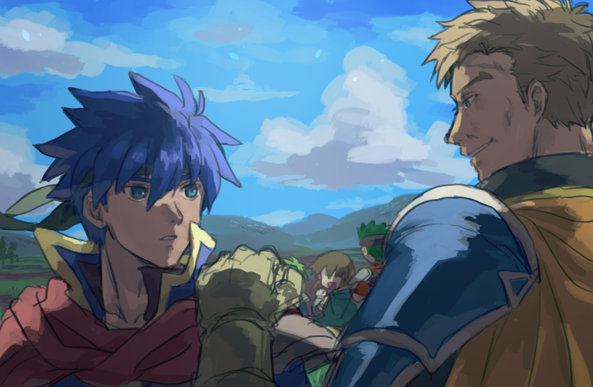 2boys blue_eyes boyd_(fire_emblem) brown_hair commentary_request father_and_son fire_emblem fire_emblem:_path_of_radiance green_headband greil hand_on_another&#039;s_shoulder headband highres ike_(fire_emblem) kometubu0712 male_focus mature_male mist_(fire_emblem) multiple_boys nintendo outdoors rolf_(fire_emblem) scar scar_on_face scar_on_forehead sky upper_body