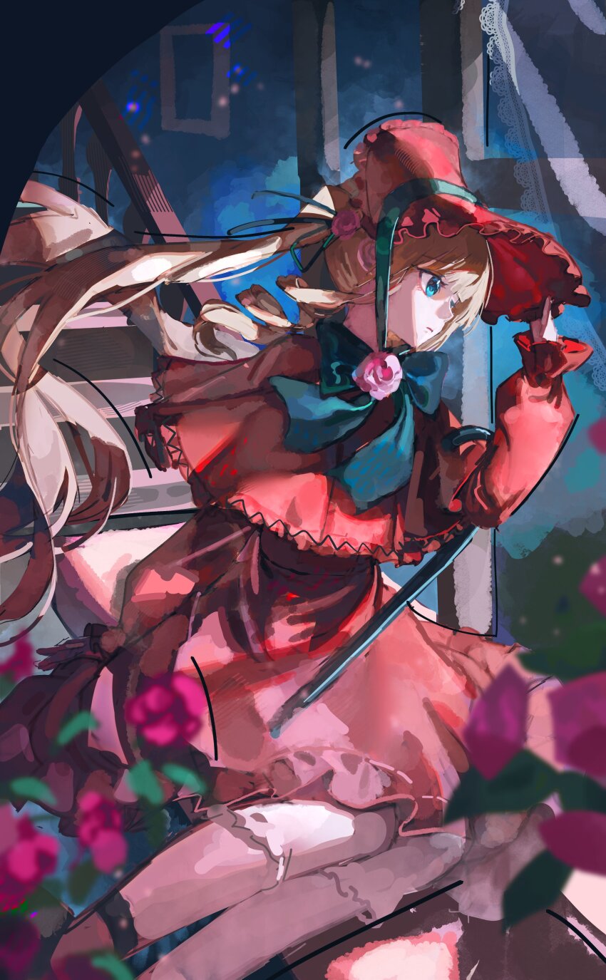 1girl absurdres blonde_hair blue_eyes blurry blurry_edges bonnet bow capelet depth_of_field dress expressionless floating_hair flower frilled_dress frilled_sleeves frilled_socks frills highres iinagi_(kashiwa_keira) kneehighs lolita_fashion long_hair long_sleeves looking_to_the_side puffy_long_sleeves puffy_sleeves red_dress red_flower red_rose ringlets rose rozen_maiden shinku shoes sitting sitting_on_stairs socks solo stairs twintails very_long_hair