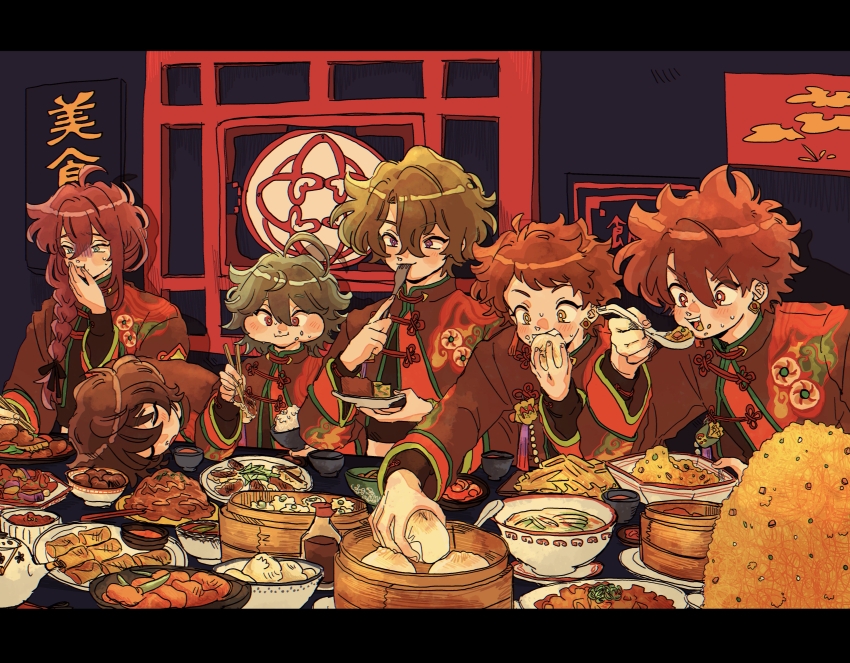 6+boys absurdres ahoge ayase_mayoi bamboo_steamer black_hair braid brown_hair chinese_clothes chokki_01 chopsticks eating ensemble_stars! food food_on_face fork fried_rice green_hair hair_between_eyes highres hojo_raika holding holding_chopsticks holding_food holding_fork holding_plate long_hair long_sleeves morisawa_chiaki multiple_boys plate purple_hair sakuma_ritsu short_hair side_braid sleeping sweatdrop tenma_mitsuru tomoe_hiyori