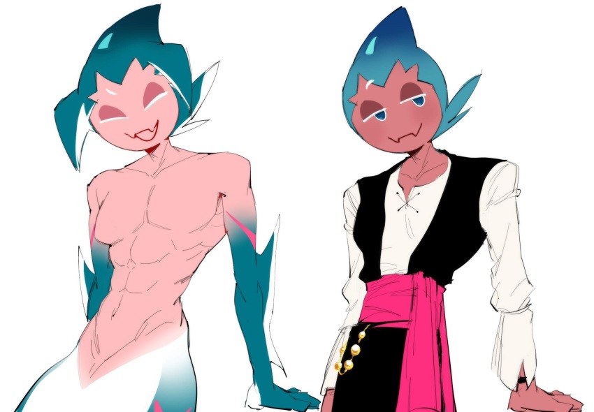 2boys aqua_eyes aqua_hair aqua_skin aqua_tail arm_fins bandana bandana_around_waist bell_sleeves black_pants black_vest blue_eyes blue_hair blue_skin chain closed_eyes closed_mouth collarbone colored_skin cookie_run cowboy_shot dual_persona fangs fin fins fish_tail furrowed_brow gold gold_chain gradient_hair half-closed_eyes highres humanization lace-up_top long_sleeves looking_to_the_side male_focus multicolored_hair multicolored_skin multiple_boys navel open_mouth pants pectorals personification pink_bandana pink_sash pink_skin raised_eyebrow sash shark_boy shark_fin shark_tail shirt shirtless_male short_hair skin_fangs sorbet_shark_cookie streaked_hair tail teeth topless_female topless_male two-tone_hair vest white_background white_hair white_shirt white_skin wristband
