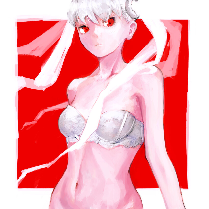 1girl albino bare_hips bra commentary hair_ornament hair_scrunchie highres lingerie long_hair looking_at_viewer monogatari_(series) oikura_sodachi owarimonogatari red_eyes rhinth scrunchie solo strapless strapless_bra twintails underwear white_hair