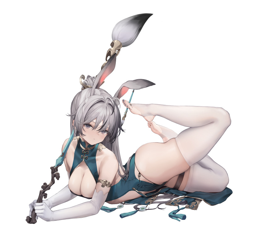 1girl absurdres animal_ears ass bare_shoulders between_toes breasts brush calligraphy_brush chinese_clothes cleavage dress elbow_gloves feet full_body gloves grey_eyes grey_hair hair_ornament has_a_figure highres holding holding_brush holding_paintbrush holding_with_feet large_breasts legs_up long_hair looking_at_viewer nail_polish original oversized_object paintbrush rabbit_ears skindentation solo taitai thick_thighs thighhighs thighs toeless_legwear toenail_polish toenails toes transparent_background