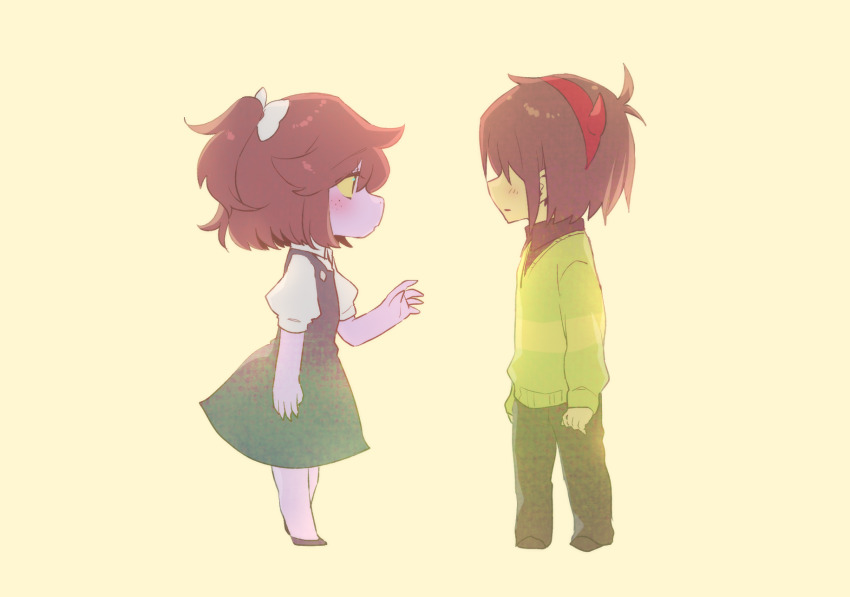 1girl 1other aged_down alternate_costume alternate_hairstyle black_dress black_pants brown_hair child colored_skin deltarune dress fake_horns full_body furry furry_female green_sweater hairband highres horn_hairband horns komugiko_(bitte_komu) kris_(deltarune) looking_at_another one_side_up pants pinafore_dress pink_skin profile red_hairband shirt short_hair simple_background sleeveless sleeveless_dress standing susie_(deltarune) sweater white_shirt yellow_background yellow_skin