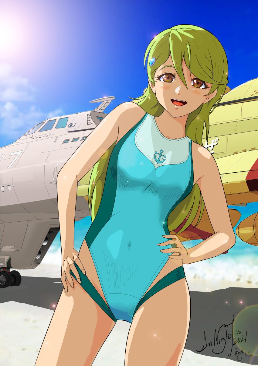 1girl :d absurdres alternate_costume annin_tofu blonde_hair blue_one-piece_swimsuit breasts brown_eyes commentary_request covered_navel hands_on_own_hips highres long_hair looking_at_viewer medium_breasts one-piece_swimsuit open_mouth sasha_(uchuu_senkan_yamato) science_fiction smile solo spacecraft swept_bangs swimsuit uchuu_senkan_yamato uchuu_senkan_yamato_2205:_arata_naru_tabidachi yamato_(uchuu_senkan_yamato)