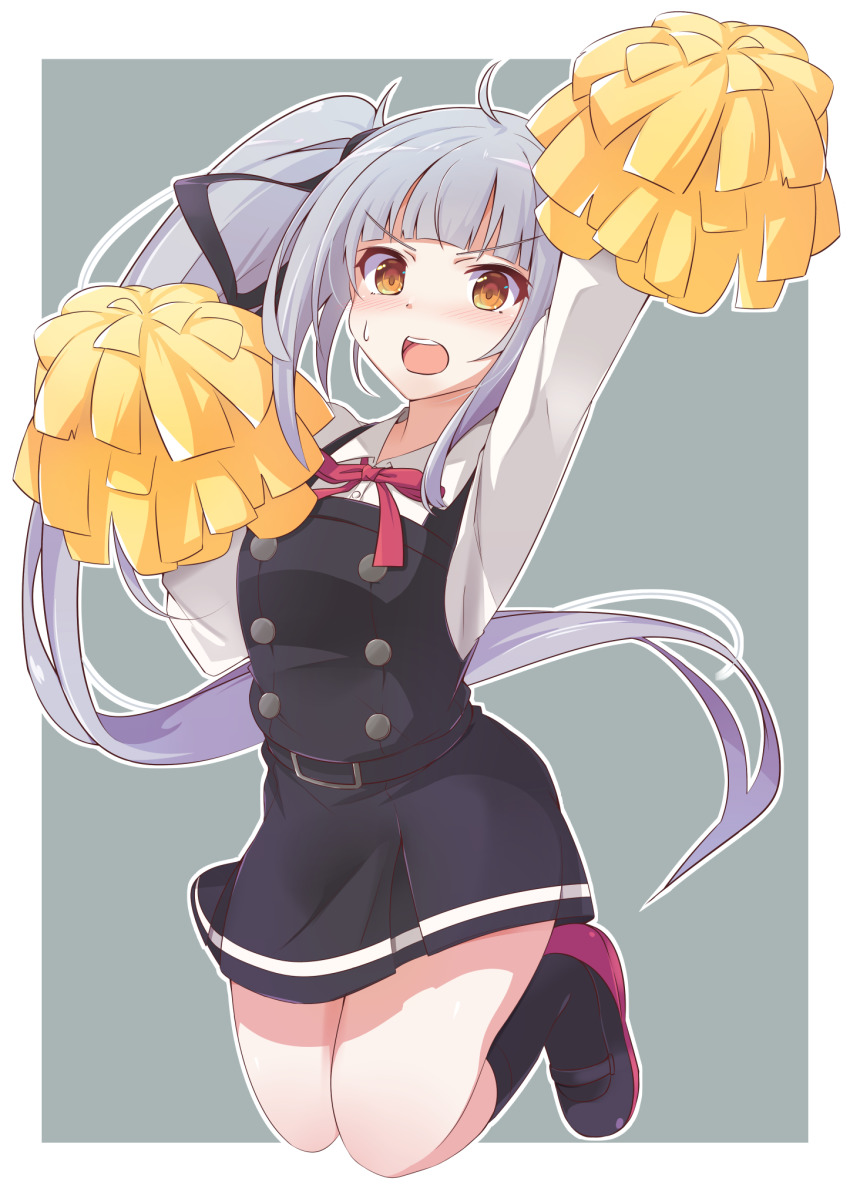 1girl arm_up belt black_belt black_dress black_ribbon black_socks blush border brown_eyes collared_shirt dress full_body grey_hair hair_ribbon highres holding holding_pom_poms kantai_collection kasumi_(kancolle) kasumi_kai_ni_(kancolle) long_hair long_sleeves open_mouth pinafore_dress pom_pom_(cheerleading) pom_poms ribbon shirt side_ponytail sleeveless_dress socks solo utouto white_border white_shirt