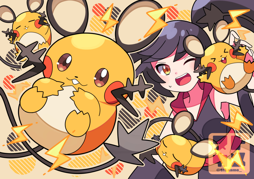 &gt;_&lt; :o ;d black_hair black_kimono dedenne detached_sleeves electricity furisode_girl_(pokemon) furisode_girl_kali gen_6_pokemon highres japanese_clothes kimono long_hair looking_at_viewer nintendo one_eye_closed open_mouth pokemon pokemon_(creature) pokemon_xy smile sutokame sweatdrop twintails yellow_eyes