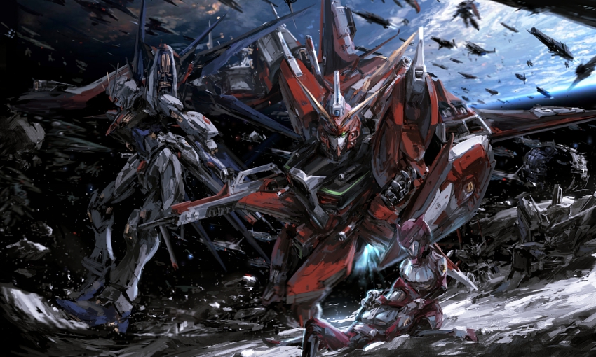 00s 1boy 1girl battle destiny_gundam earth_(planet) fleet freedom_gundam gloves gundam gundam_seed gundam_seed_destiny helmet infinite_justice_gundam justice_gundam looking_at_viewer lunamaria_hawke mecha military military_uniform mobile_suit pilot pilot_suit planet realistic robot science_fiction shinn_asuka space spacecraft spacesuit strike_freedom_gundam stu_dts