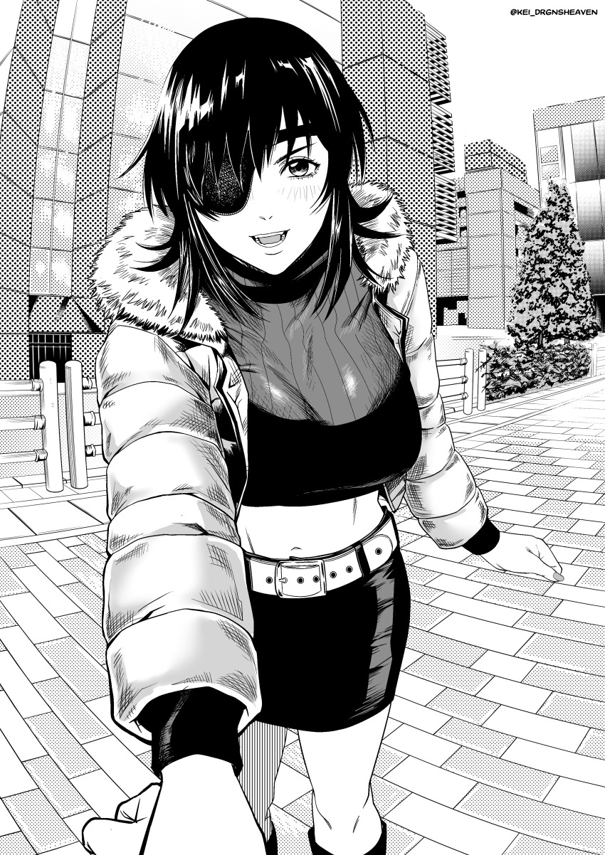 1girl absurdres black_hair breasts chainsaw_man commentary crosshatching english_commentary eyepatch greyscale hatching_(texture) highres himeno_(chainsaw_man) holding kei_dragonsheaven monochrome pov short_hair smoking solo twitter_username wolf_cut