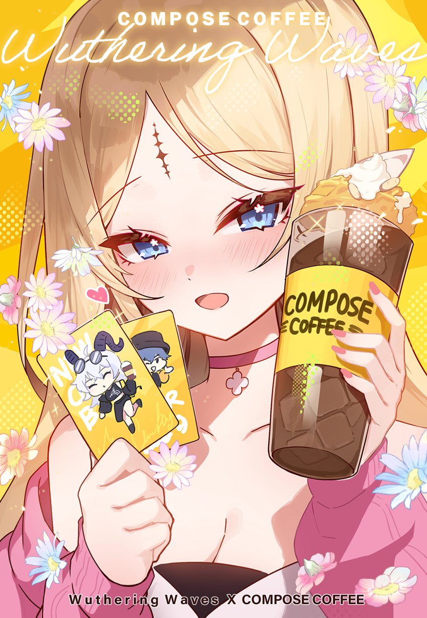 1girl apple_caramel blonde_hair blue_eyes blush brant_(wuthering_waves) breasts card cartethyia_(wuthering_waves) choker cleavage close-up commentary compose_coffee copyright_name cup english_commentary flower highres holding holding_card holding_cup jacket long_hair looking_at_viewer medium_breasts off_shoulder open_mouth parted_bangs pink_choker pink_jacket portrait single_bare_shoulder smile solo tacet_mark_(wuthering_waves) wuthering_waves yellow_background zani_(wuthering_waves)