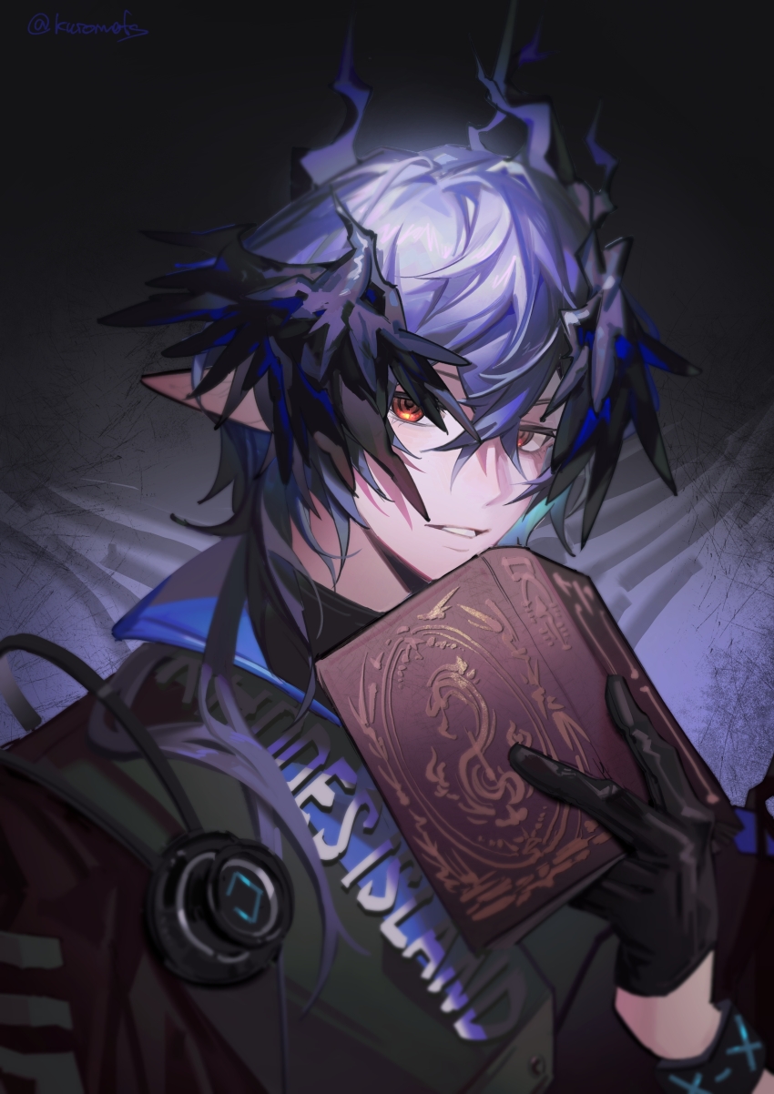 1boy absurdres arknights black_gloves black_jacket black_undershirt book bracelet crossed_bangs device gloves gradient_background grey_background grey_hair hair_between_eyes head_wings high_collar highres holding holding_book horns infection_monitor_(arknights) jacket jewelry kurono_233 logos_(arknights) long_hair looking_at_viewer male_focus open_book orange_eyes parted_lips pointy_ears signature solo turtleneck upper_body wings