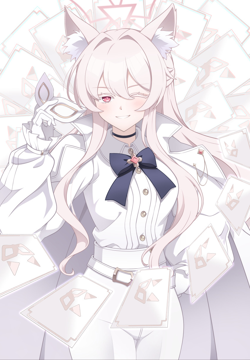 1girl absurdres akira_(blue_archive) animal_ear_fluff animal_ears belt blue_archive bow bowtie cape card cat_ears cat_girl choker cowboy_shot eye_mask gloves highres holding holding_mask long_hair long_sleeves mask one_eye_closed pants parted_lips puffy_sleeves red_eyes riuta shirt solo tight_clothes tight_pants white_cape white_gloves white_hair white_pants white_shirt white_theme