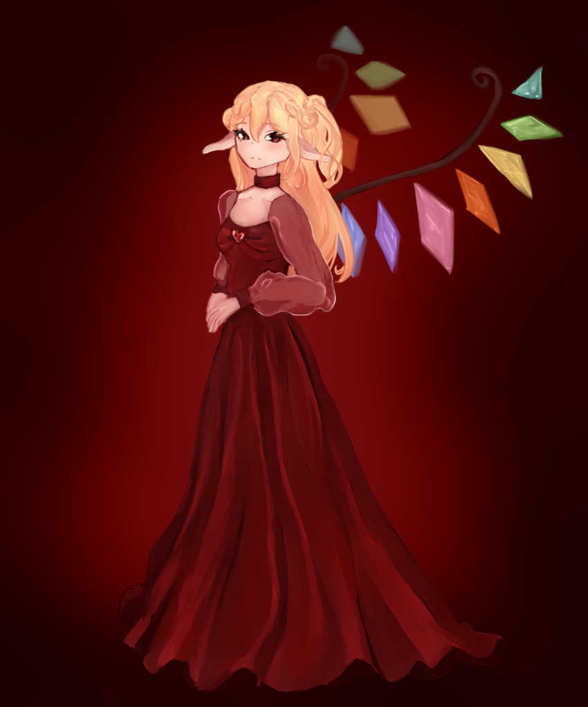 1girl alternate_costume bare_shoulders blonde_hair braid breasts cleavage crystal crystal_wings dress flandre_scarlet full_body highres long_hair looking_at_viewer pointy_ears red_background red_dress red_eyes simple_background sleepymausu solo standing touhou wings
