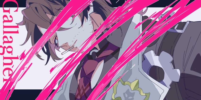 1boy black_shirt blood brown_coat brown_hair character_name cigarette coat commentary_request empty_eyes facial_hair gallagher_(honkai:_star_rail) gears highres honkai:_star_rail honkai_(series) letterboxed looking_at_viewer male_focus mullet necktie nekoma_hikaru red_eyes red_necktie shirt short_hair simple_background solo stubble upper_body vest white_background white_vest