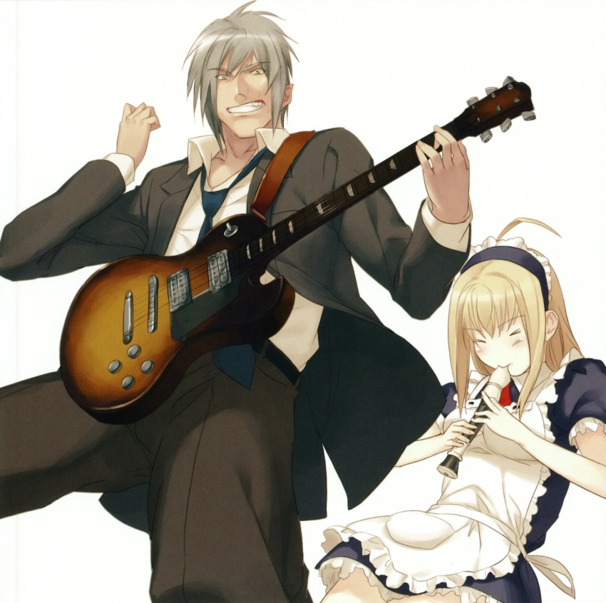 &gt;_&lt; 1boy 1girl ahoge angry anna_(gekkou_no_carnevale) blonde_hair blush clenched_teeth closed_eyes flute formal_clothes gekkou_no_carnevale grey_hair guitar highres holding_flute holding_instrument instrument long_hair maid maid_headdress necktie oosaki_shin&#039;ya recorder romeo_(gekkou_no_carnevale) short_hair simple_background suit teeth yellow_eyes