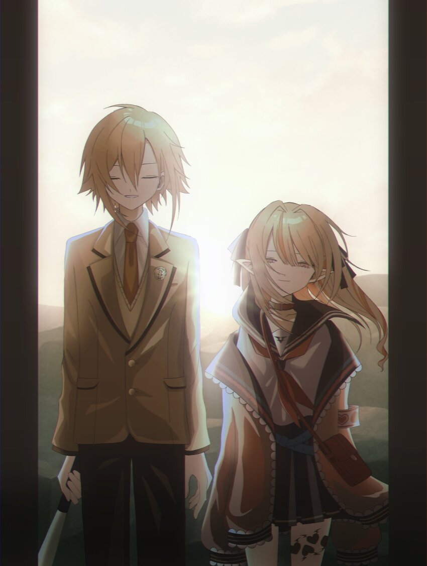 1boy 1girl absurdres black_border blazer blonde_hair blue_sailor_collar blue_skirt blurry border closed_eyes collared_shirt dawn dress floating_hair hair_between_eyes height_difference highres jacket kaiinu leg_tattoo looking_at_viewer makaino_ririmu makaino_ririmu_(4th_costume) neckerchief necktie nijisanji outdoors pants pink_jacket pleated_dress red_neckerchief sailor_collar school_uniform serafuku shirt short_hair skirt smile sun tattoo uzuki_kou uzuki_kou_(3rd_costume) virtual_youtuber white_shirt wind winged_heart_tattoo