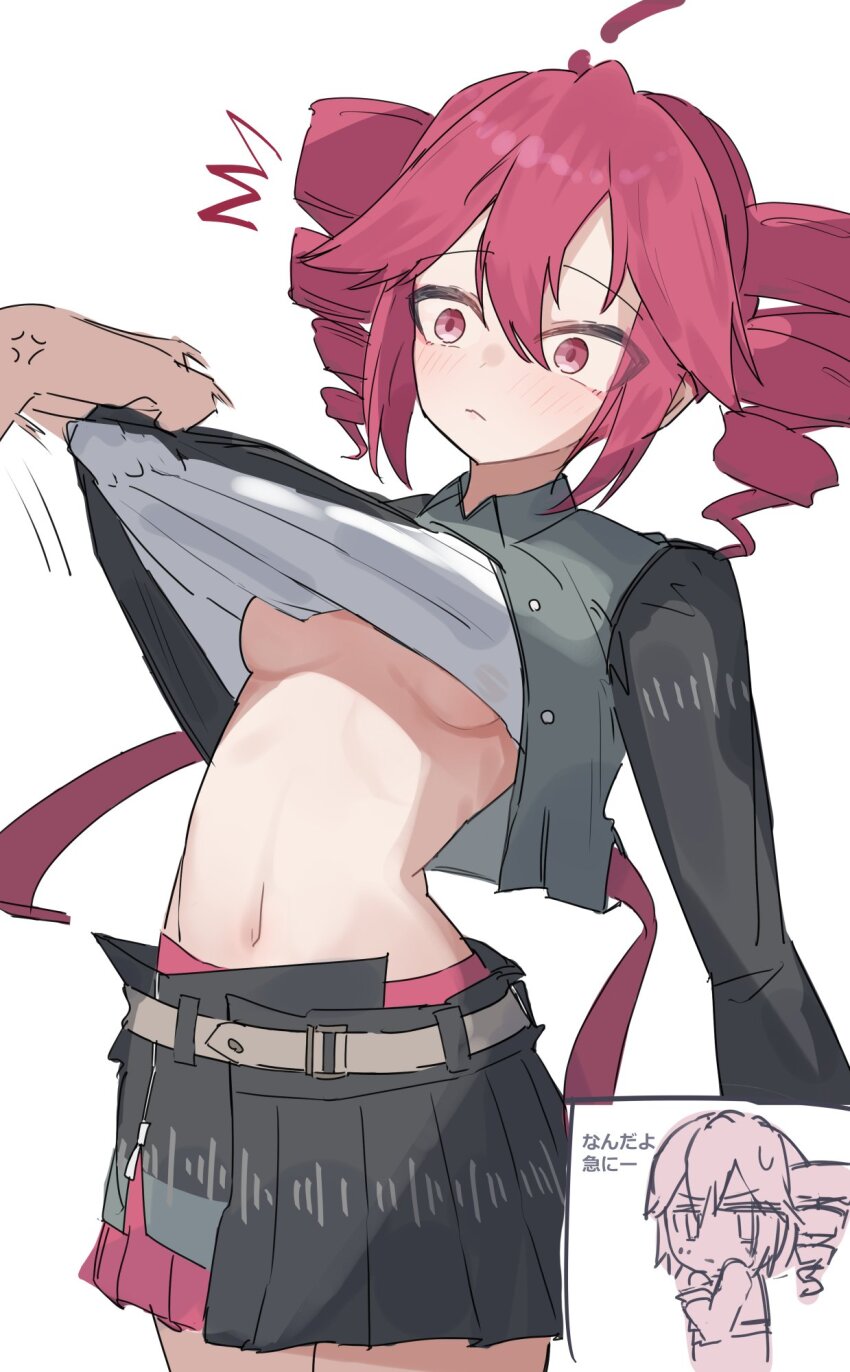 1girl 1other :&lt; ^^^ ahoge anger_vein belt black_skirt breasts clothes_lift commentary_request drill_hair furrowed_brow highres kasane_teto kasane_teto_(voicepeak) light_frown navel pleated_skirt red_belt red_eyes red_hair red_suspenders shirt_lift simple_background skirt standing stomach thinker25075754 translation_request twin_drills underboob utau voicepeak white_background wide-eyed