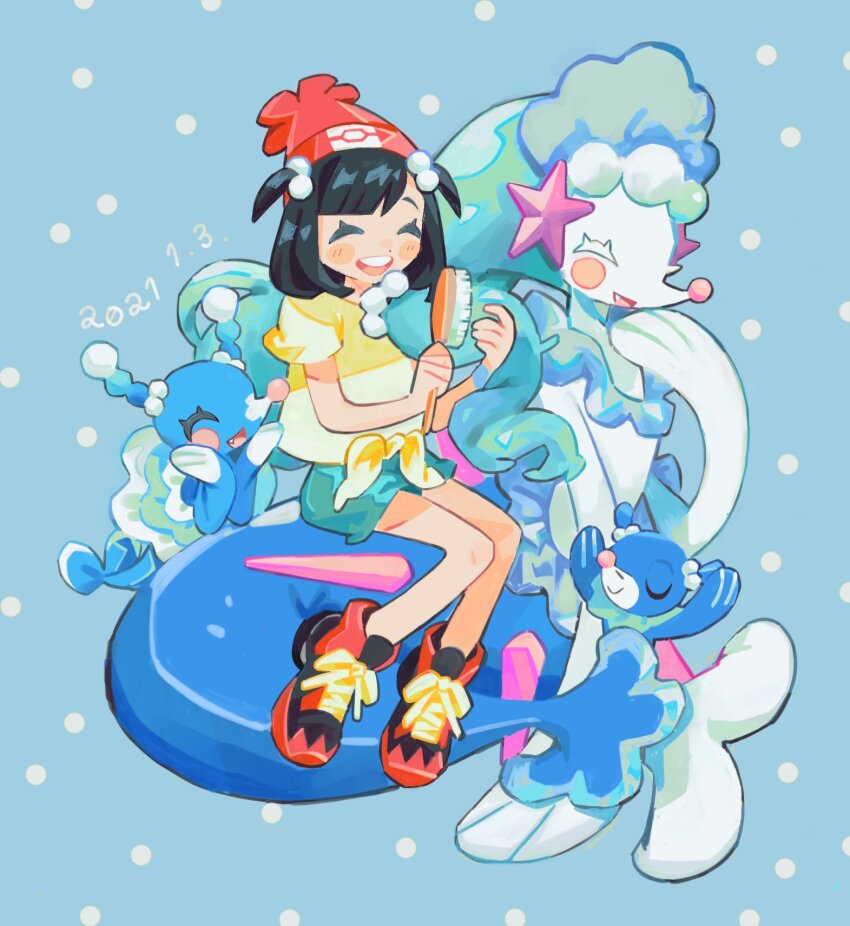 1girl bachikori-ken bad_id bad_twitter_id beanie black_footwear black_hair blue_background blue_hair brionne brushing_another&#039;s_hair brushing_hair closed_eyes commentary full_body gen_7_pokemon green_shorts hair_brush hat highres holding holding_hair_brush inactive_account long_hair nintendo open_mouth pokemon pokemon_(creature) pokemon_sm popplio primarina red_hat selene_(pokemon) shirt shoes short_hair short_sleeves shorts sitting smile symbol-only_commentary tied_shirt