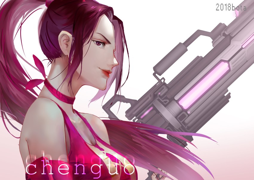 1girl absurdres artist_name bad_hand bota_(tcez) breasts brown_hair chasing_haze cleavage gun highres holding holding_gun holding_weapon lipstick long_hair looking_at_viewer makeup ponytail purple_eyes quan_zhi_gao_shou sidelocks simple_background upper_body very_long_hair weapon white_background