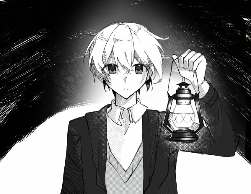 1boy date_a_live highres itsuka_shidou lamp monochrome n.(pl) short_hair solo