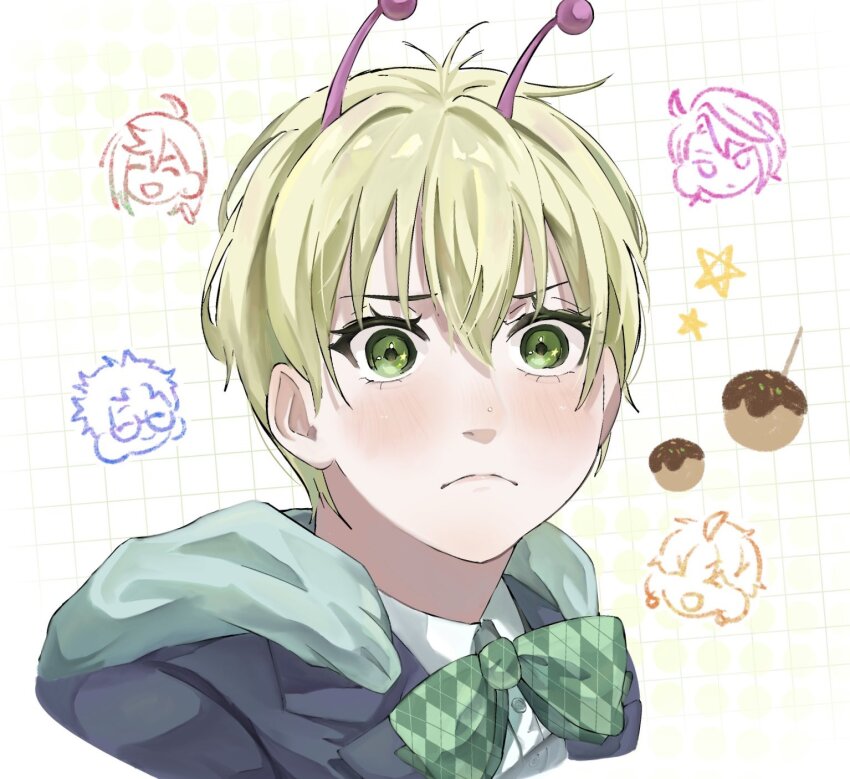 1girl alien antennae aqua_hoodie ayase_momo blonde_hair blue_jacket blush bow bowtie checkered_background closed_mouth collared_shirt commentary dandadan enjoji_jin food green_bow green_bowtie green_eyes highres hood hood_down jacket moufu_00 school_uniform shiratori_aira_(dandadan) shirt short_hair solo_focus star_(symbol) symbol-only_commentary takakura_ken_(dandadan) takoyaki upper_body vamola_(dandadan) white_shirt