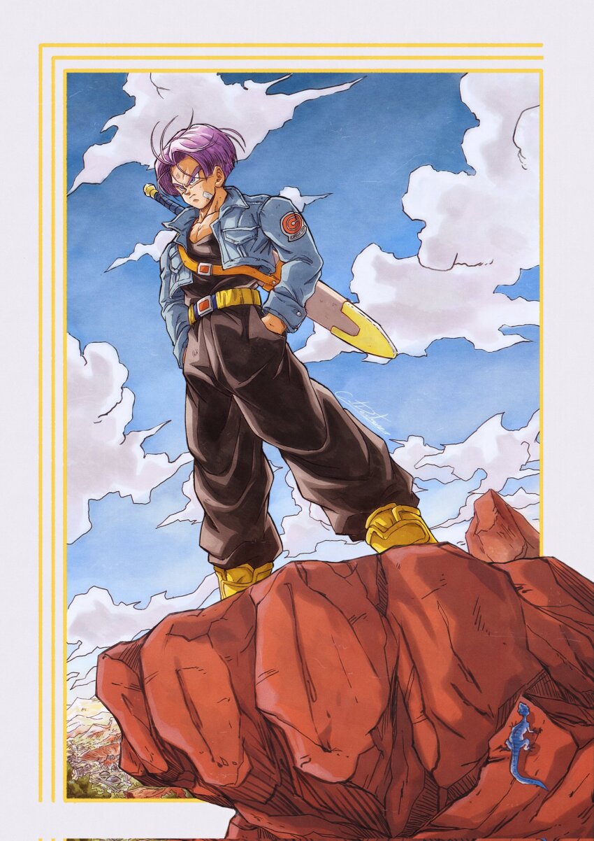 1boy cloud cloudy_sky dragon_ball hands_on_pockets highres muscular muscular_male purple_hair scratches serious sky solo sword toriyama_akira_(style) trunks_(dragon_ball) trunks_(future)_(dragon_ball) weapon