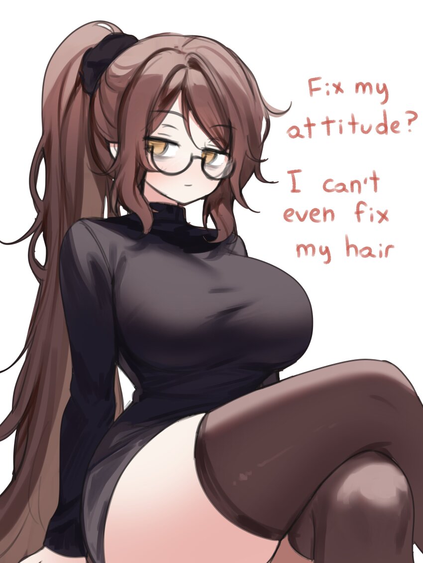 1girl absurdres black_sweater black_thighhighs breasts brown_hair commentary english_commentary english_text glasses highres indie_virtual_youtuber large_breasts long_hair looking_at_viewer simple_background sky_above_me sky_above_me_(vtuber) solo sweater thighhighs thighs turtleneck turtleneck_sweater very_long_hair virtual_youtuber white_background