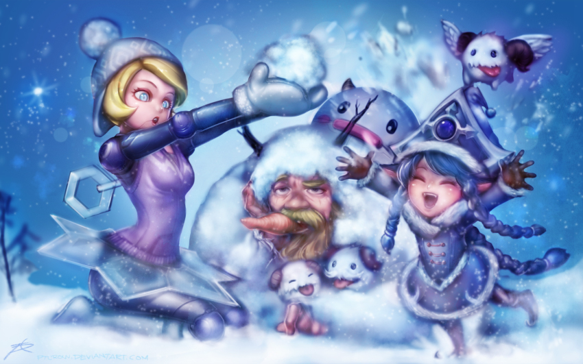 1boy 2girls alternate_costume blonde_hair blue_eyes blue_hair boots carrot fur_boots highres knee_boots league_of_legends lulu_(league_of_legends) mouth_hold multiple_girls olaf_(league_of_legends) orianna_(league_of_legends) phantom_ix_row poro_(league_of_legends) snow snowman white_footwear winter_clothes winter_wonder_lulu winter_wonder_orianna