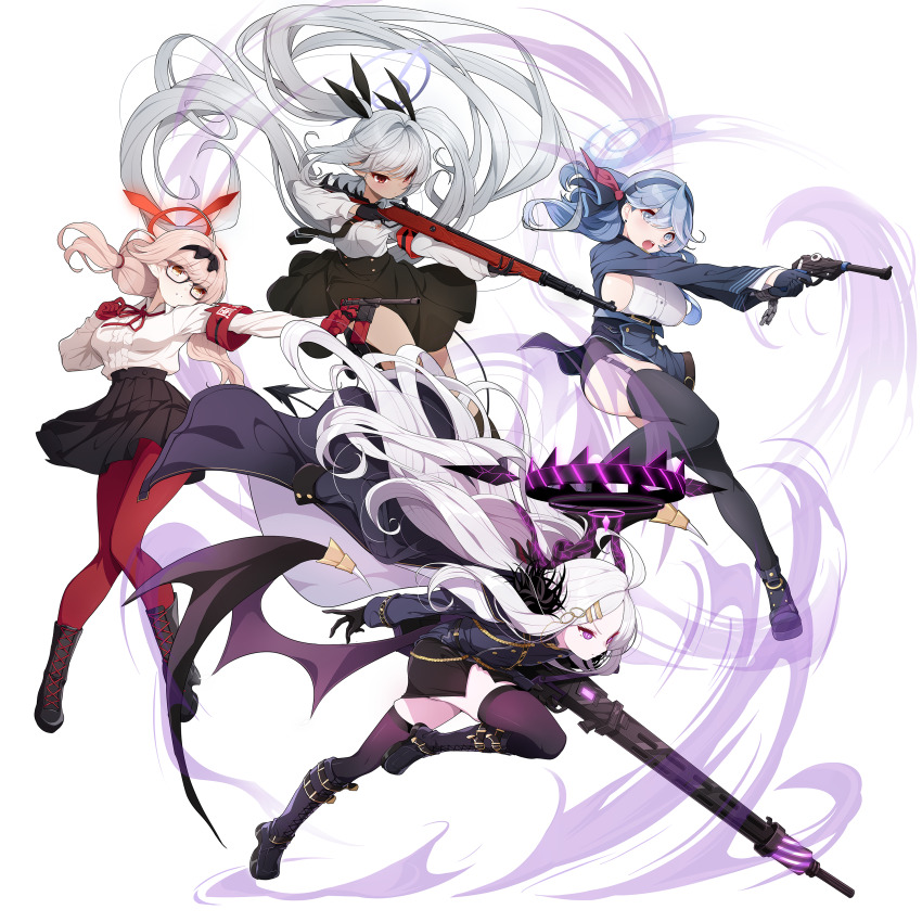 4girls absurdres ahoge ako_(blue_archive) black_footwear black_gloves black_halo black_jacket black_necktie black_ribbon black_skirt blue_archive blue_gloves blue_hairband blue_halo blue_jacket bolt_action boots breasts broken broken_chain chain chinatsu_(blue_archive) closed_mouth commentary_request earrings floating_hair full_body garter_straps glasses gloves grey_hair gun hair_ornament hair_ribbon hairband hairclip halo handgun highres hina_(blue_archive) horns iori_(blue_archive) jacket jacket_on_shoulders jewelry knee_boots kneehighs knees_together_feet_apart koflif lace-up_boots leaning_forward long_hair long_sleeves luger_p08 machine_gun mauser_98 mauser_c96 mg42 multiple_girls necktie pantyhose parted_bangs prefect_team_(blue_archive) purple_eyes purple_halo purple_thighhighs purple_wings red_gloves red_halo red_pantyhose red_ribbon ribbon rifle shirt sideboob simple_background skirt socks stud_earrings thighhighs thighhighs_under_boots twintails very_long_hair weapon white_background white_hair white_shirt wings