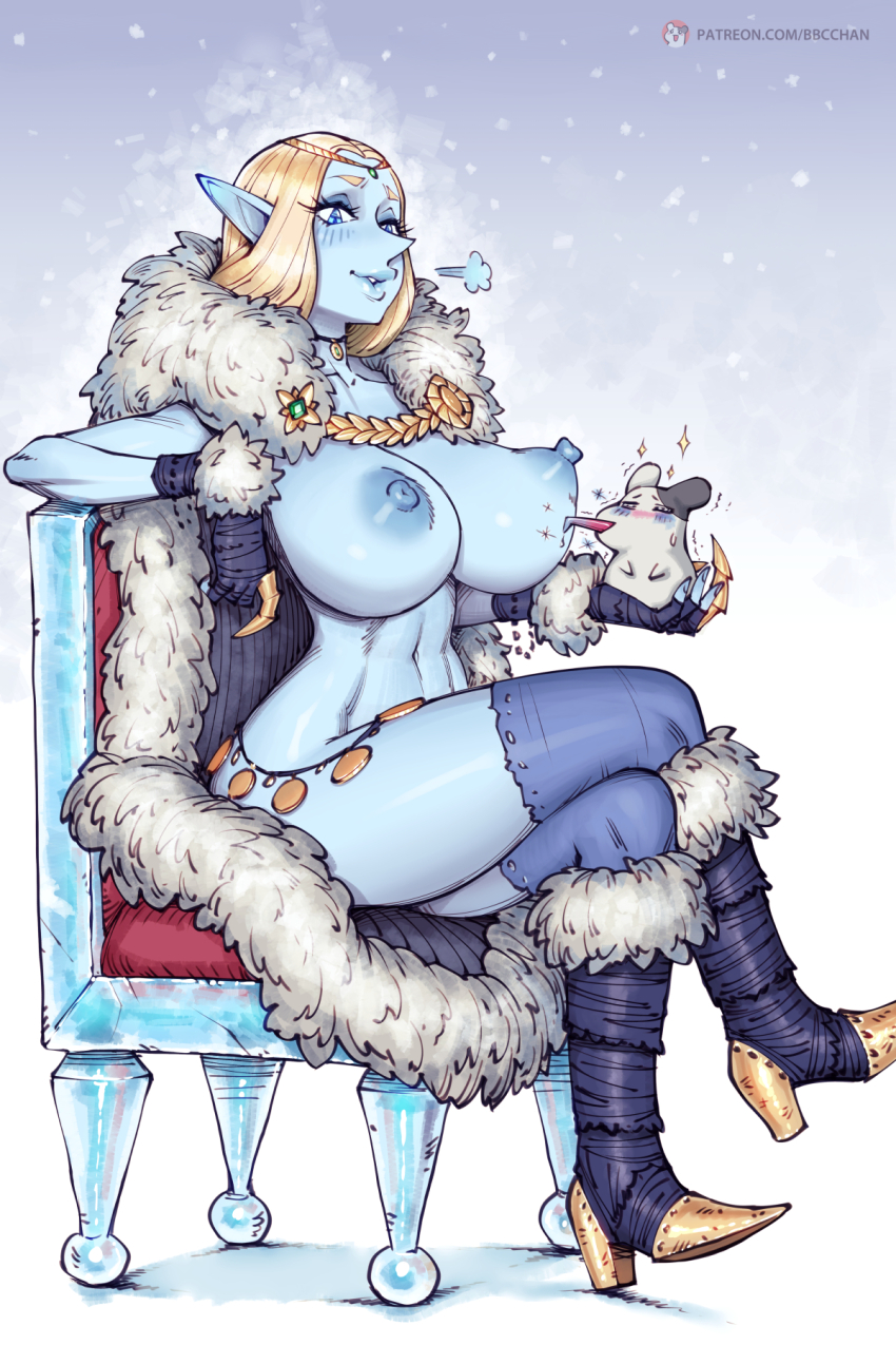 1girl artist_name bbc-chan black_boots black_gloves blonde_hair blue_eyes blue_nipples blue_skin blue_thighhighs boots breasts cape chair colored_nipples colored_skin crossed_legs eira_lumidelle elf fingerless_gloves full_body fur-trimmed_boots fur-trimmed_cape fur_trim gloves hamster high_heel_boots high_heels highres large_breasts long_hair navel nipples original patreon_username pointy_ears pointy_nose sitting solo thighhighs watermark web_address
